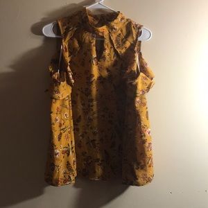 mustard yellow floral cold shoulder top